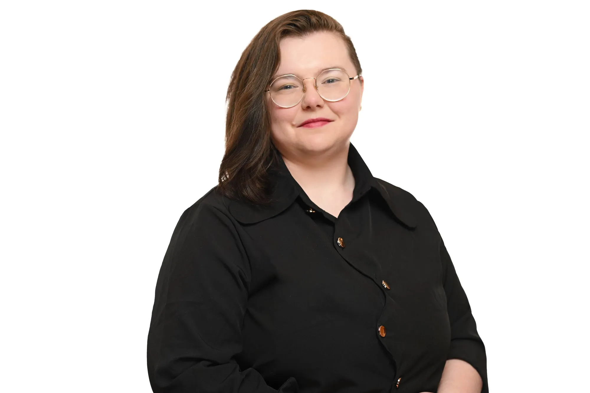 Studio headshot on a white background: black button-up shirt and glasses